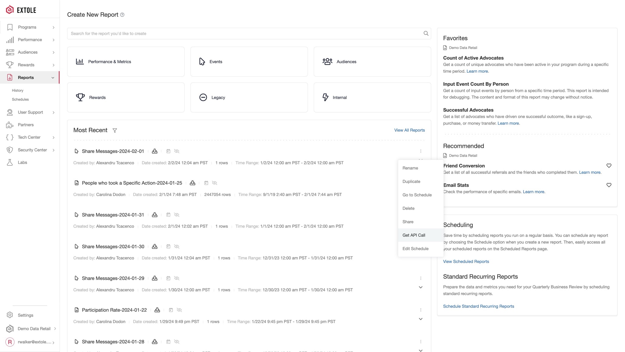 Extole report data view ready for API integration