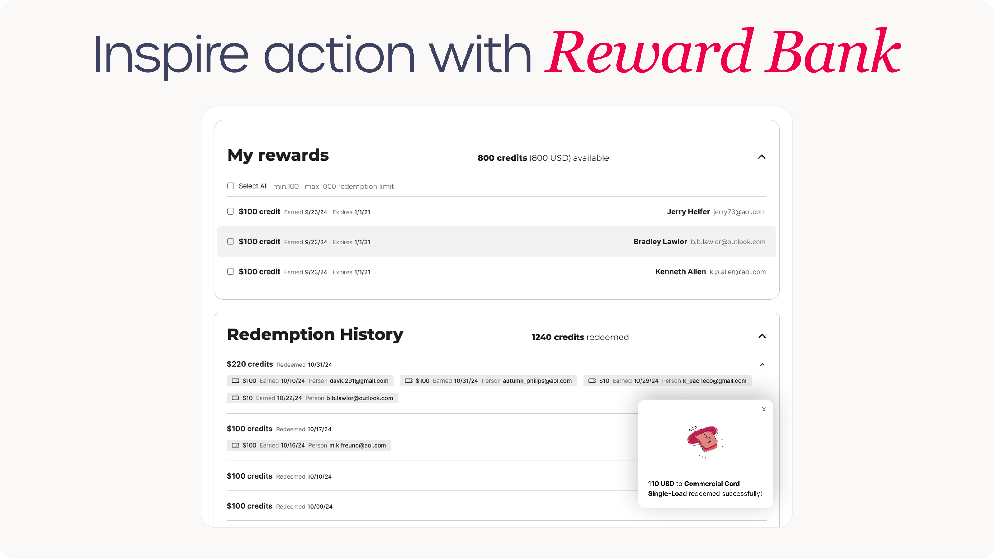 Reward Bank screen titled Inspire action with Reward Bank