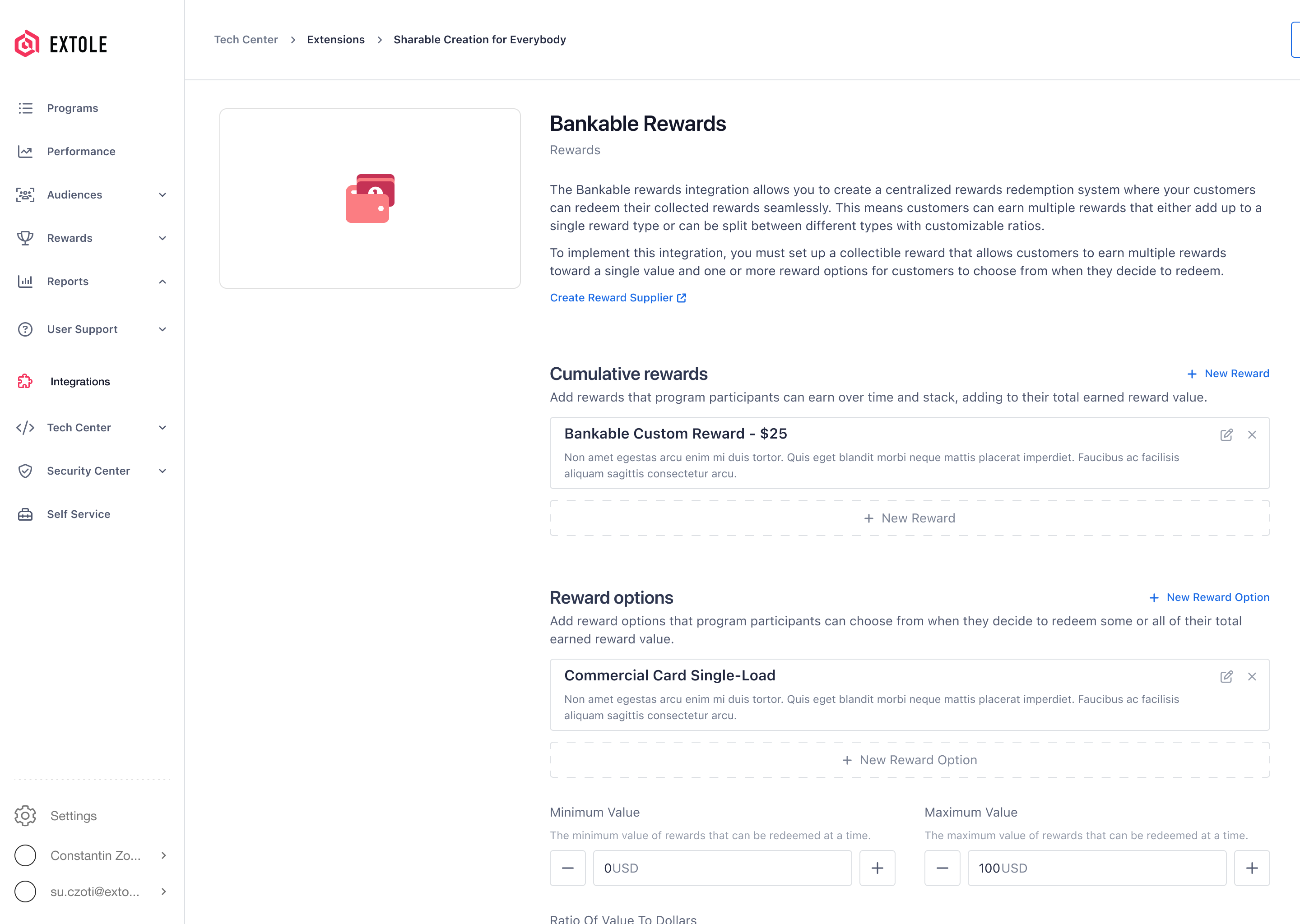 Bankable Rewards settings with cumulative rewards and reward options