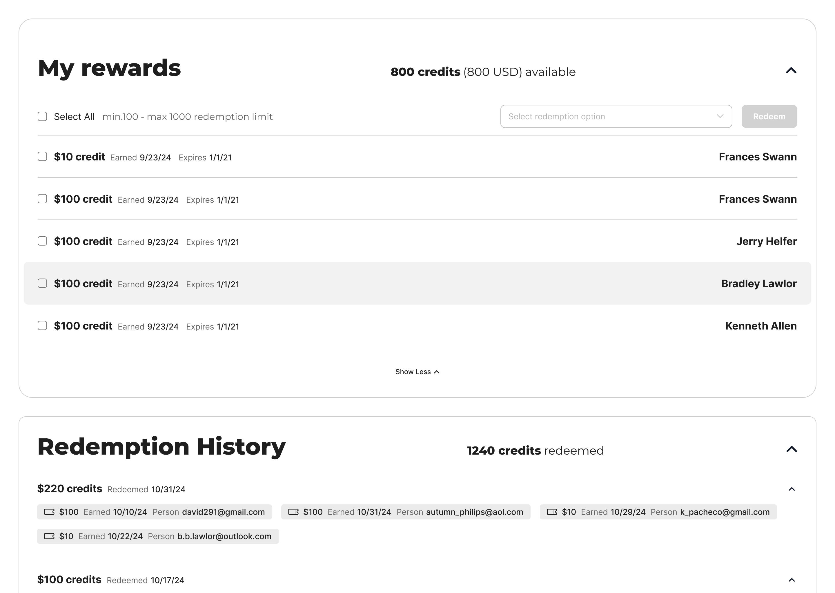 My Rewards showing 800 credits available and a redemption history