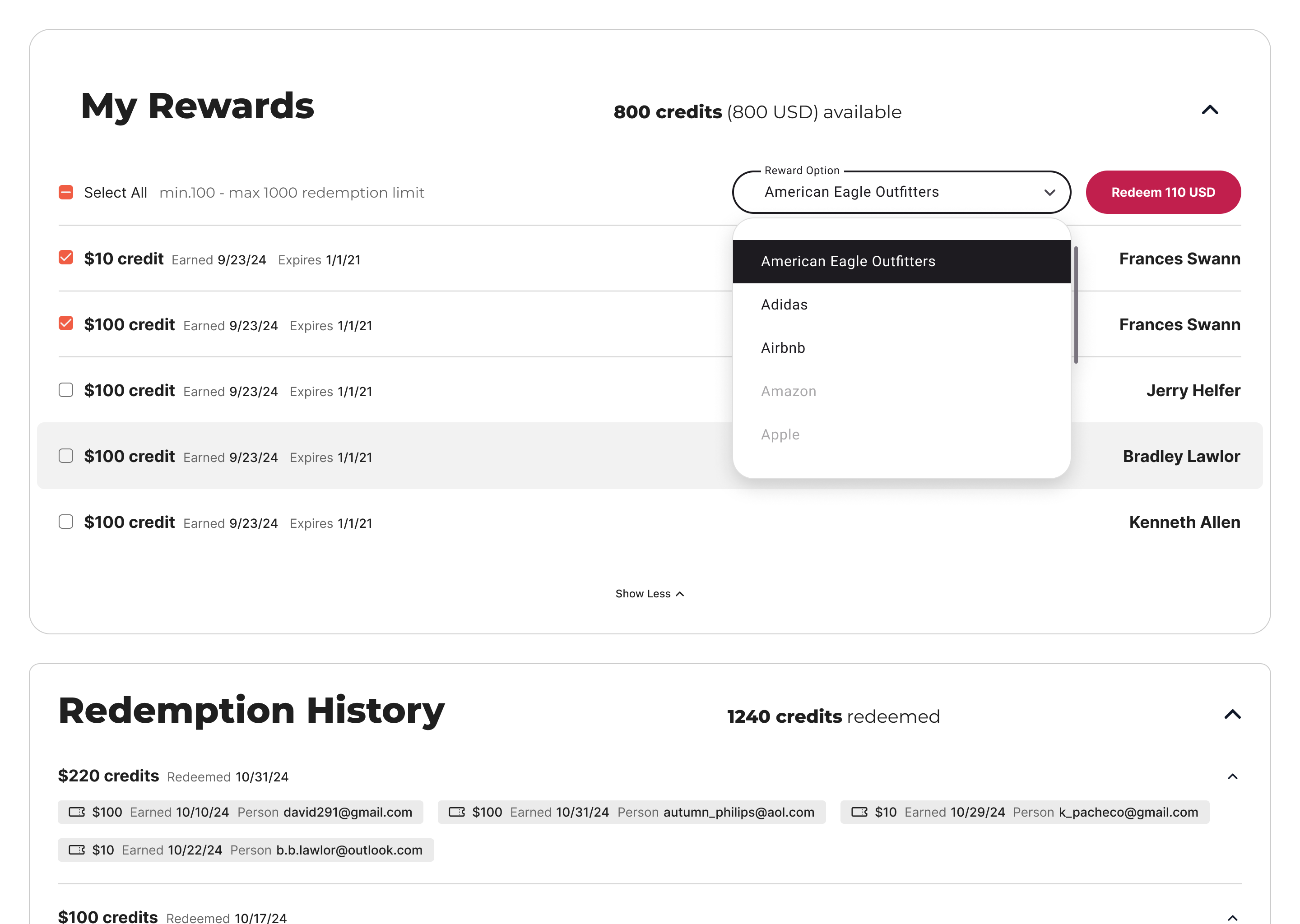 My Rewards list with credits available to redeem