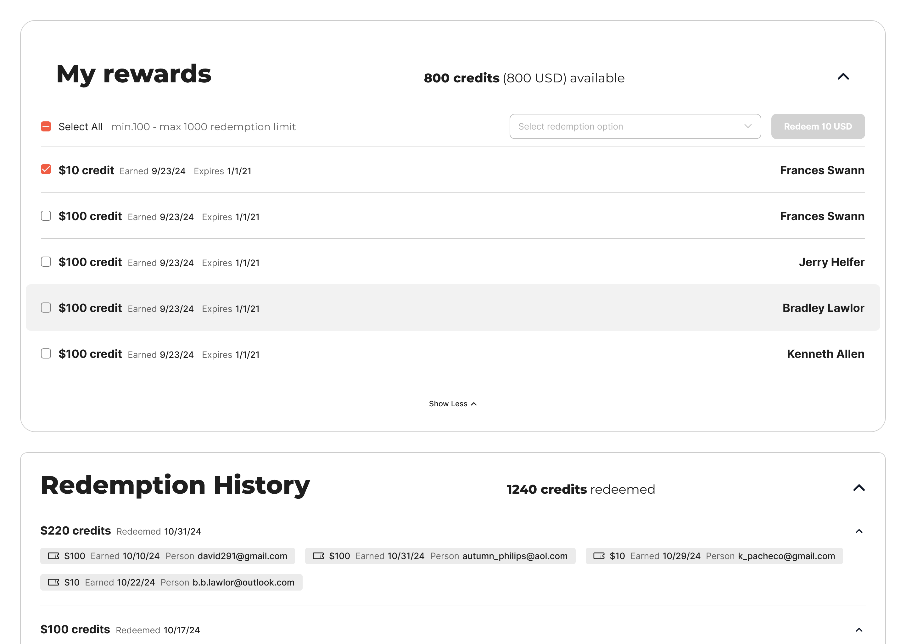My Rewards with a $10 credit selected and a Redeem 10 USD button