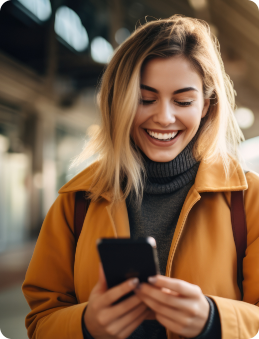 A woman smiling at her phone