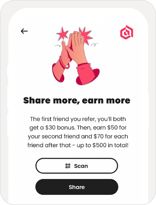 Go Extole screen offering a bonus for sharing with friends