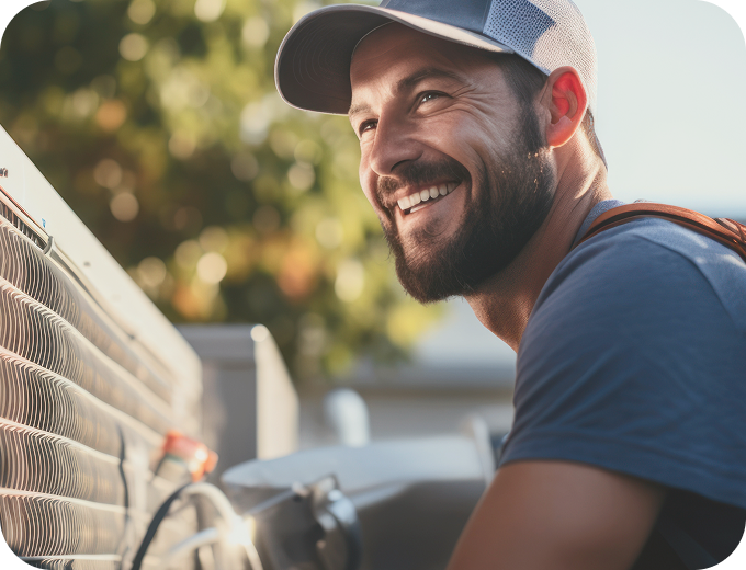 An HVAC technician ready to share a referral on a job site.