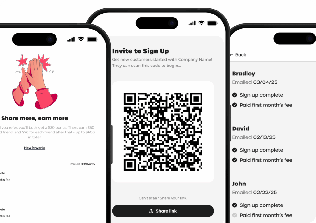 Referral offer, illustration, and mobile share screens.
