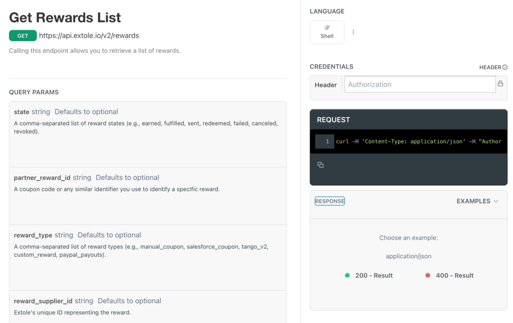 Rewards API reference page