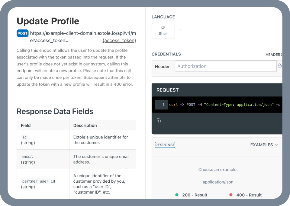 Extole API documentation showing a profile update