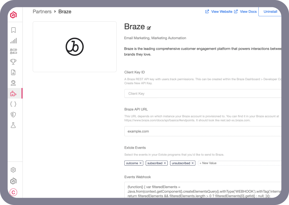 Braze integration settings in Extole