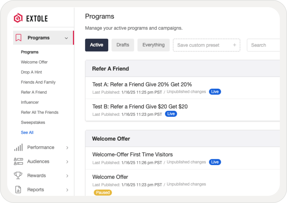Referral program management screen