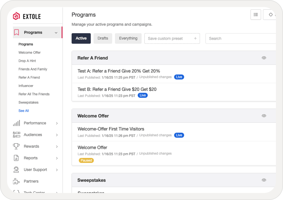 Referral program management screen showing refer-a-friend, drop-a-hint, and influencer programs